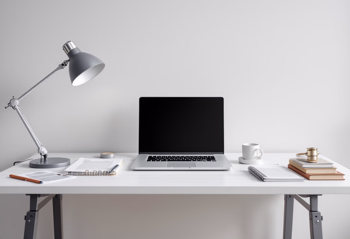 [background image] image of a work desk with a laptop and documents (for a ai legal tech company)